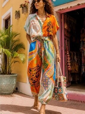 FARM Rio Orange & Multicolor Printed Short-Sleeve Jumpsuit
